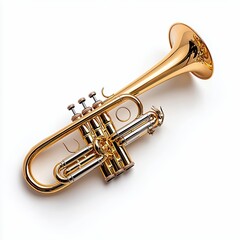Obraz premium Golden Trumpet on White Background Studio Shot of a Brass Musical Instrument