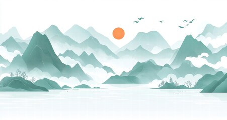 Beautiful sunrise between mountains and rivers