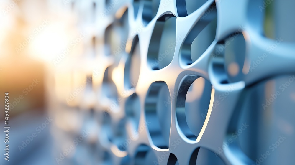 Poster Abstract metallic structure with interconnected organic shapes, illuminated by warm sunlight, creating a futuristic and elegant design. : Generative AI