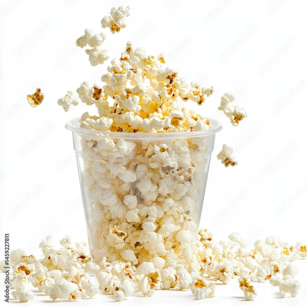 Poster overflowing popcorn cup against white background. a movie snack of fluffy kernels spills out and aro