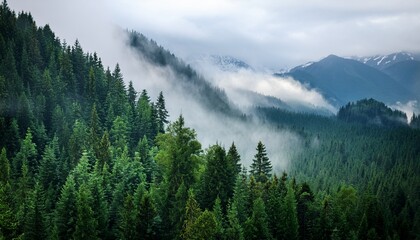 Fototapeta premium dark misty green forest with mountains covered in fog in the background