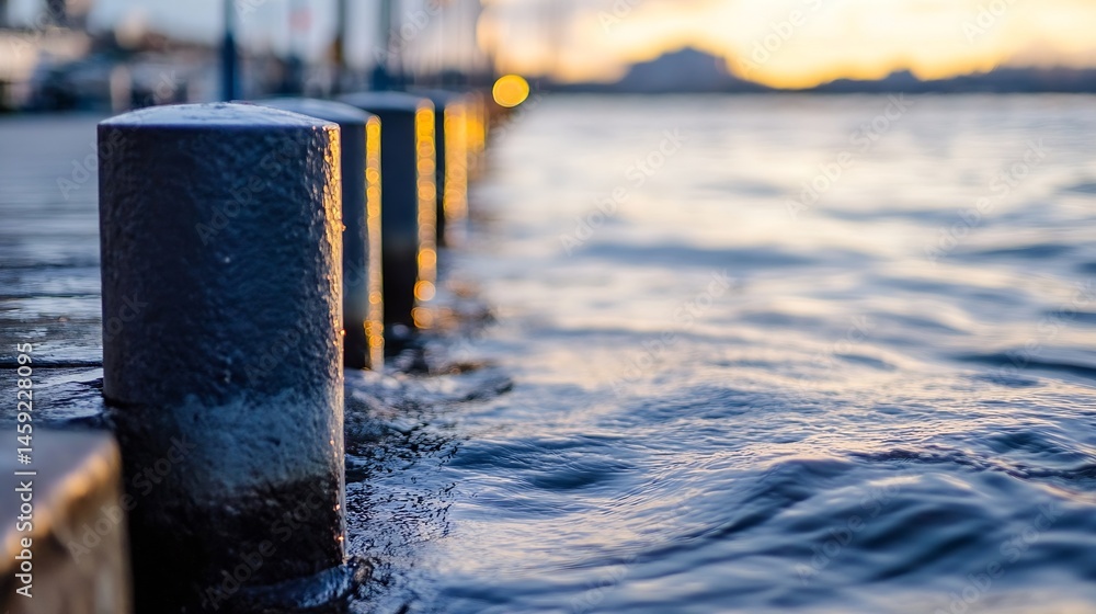 Poster close-up view of dark bollards on a wooden dock, partially submerged in gently rippling water at sun