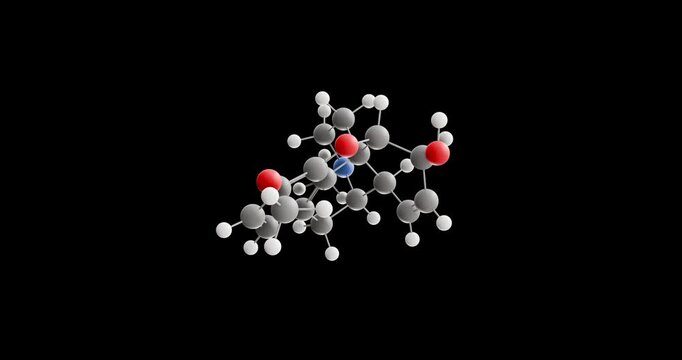 Codeine molecule, rotating 3D model of opiate, looped video on a black background