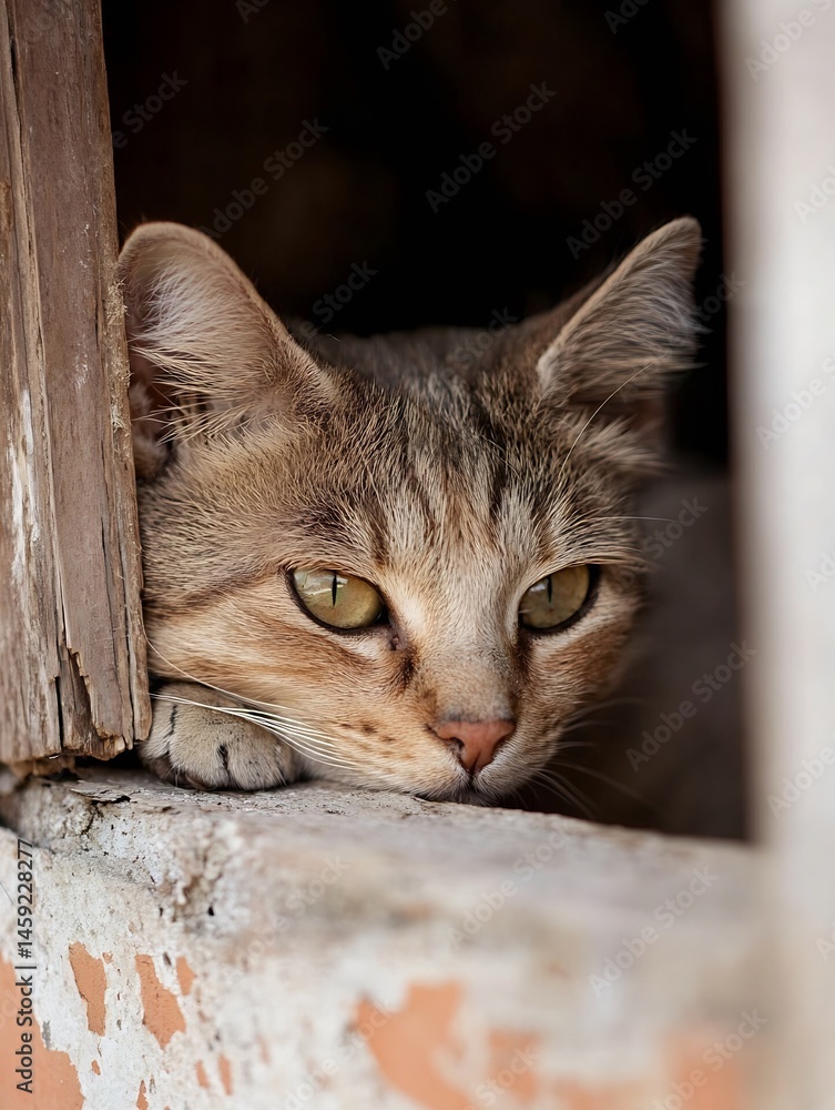 Aufkleber a curious tabby cat peeks from a weathered wooden window frame, its amber eyes gleaming with alertne