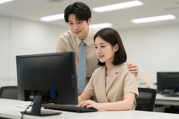 Asian Business Colleagues Working Together On A Desktop Computer In A Modern Office