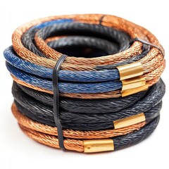 Closeup of a tightly coiled and interlaced metallic rope or cable forming an intricate and abstract textured pattern  The woven design creates a complex and industrial looking background