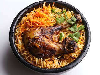 A delicious and aromatic chicken biryani dish is served in a rustic black bowl garnished with fresh cilantro and shredded carrots.