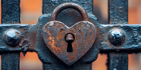 Close-up of a heart-shaped padlock on a fence, symbolizing love and security.