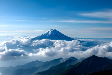 Breathtaking view of a majestic mountain peak emerging above fluffy clouds, bathed in soft sunlight against a vivid blue sky, evoking tranquility.