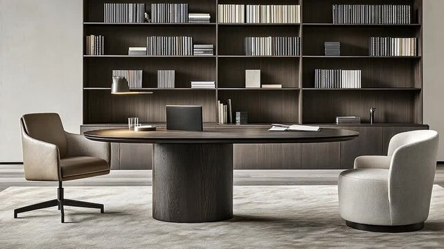 Modern, minimalist office space with a dark wood oval conference table and matching chairs