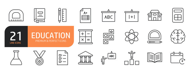 Set of line icons related to education, back to school, science, online learning and more. Outline icons collection. Editable stroke. Vector illustration.