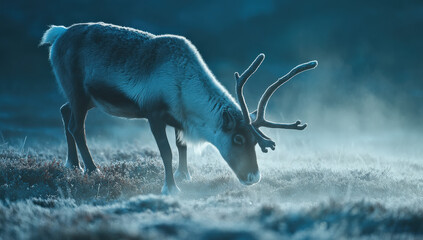 A reindeer grazes in a misty, frosty tundra landscape at dawn, its antlers frosted with ice crystals, the scene bathed in cool blue light.
