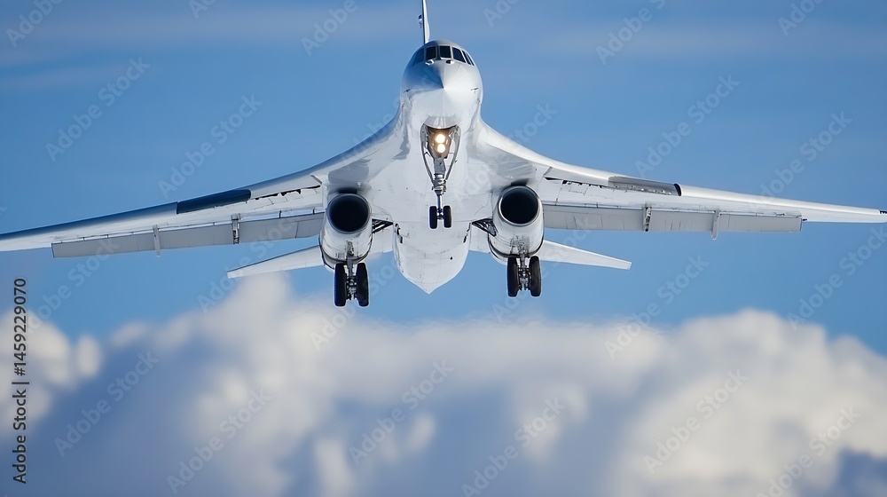 Poster a large, white passenger jet descends through a partly cloudy sky, its landing gear extended, showca