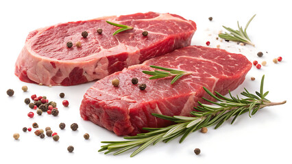 Raw Beef Steaks with Rosemary and Peppercorns on White Background

