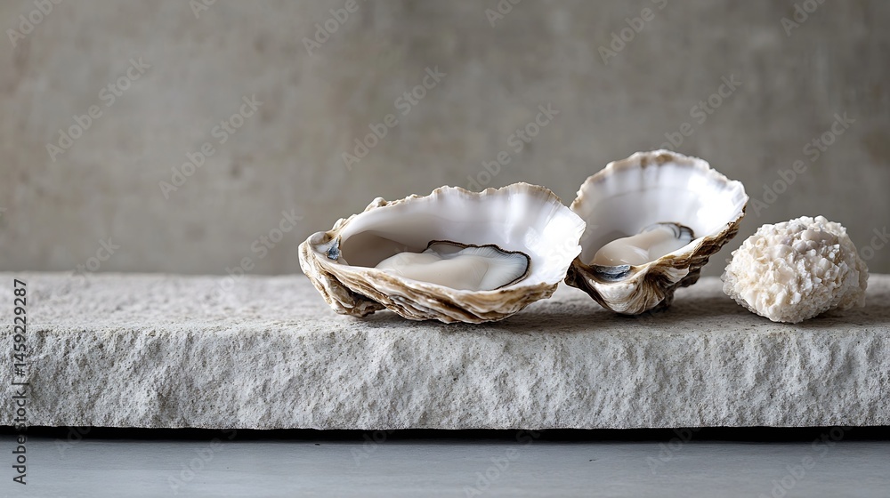 Poster two opened oysters rest on a light grey stone slab, accompanied by a small, textured white rock. the