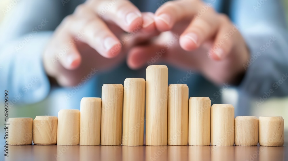 Poster close-up of hands gently hovering over a row of increasing wooden cylinders, suggesting growth, prog