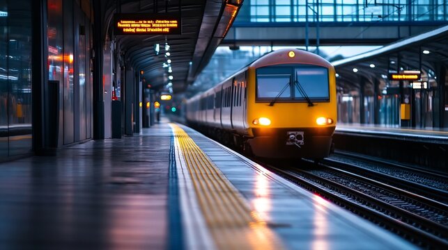 A modern commuter train arrives at a sleek, modern train station platform on a rainy evening, its headlights illuminating the wet tracks. : Generative AI