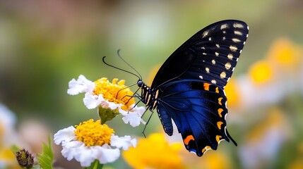 Obraz premium A striking black butterfly with yellow and orange markings delicately feeds on a vibrant white flower with a bright yellow center, set against a softly blurred background of green and : Generative AI