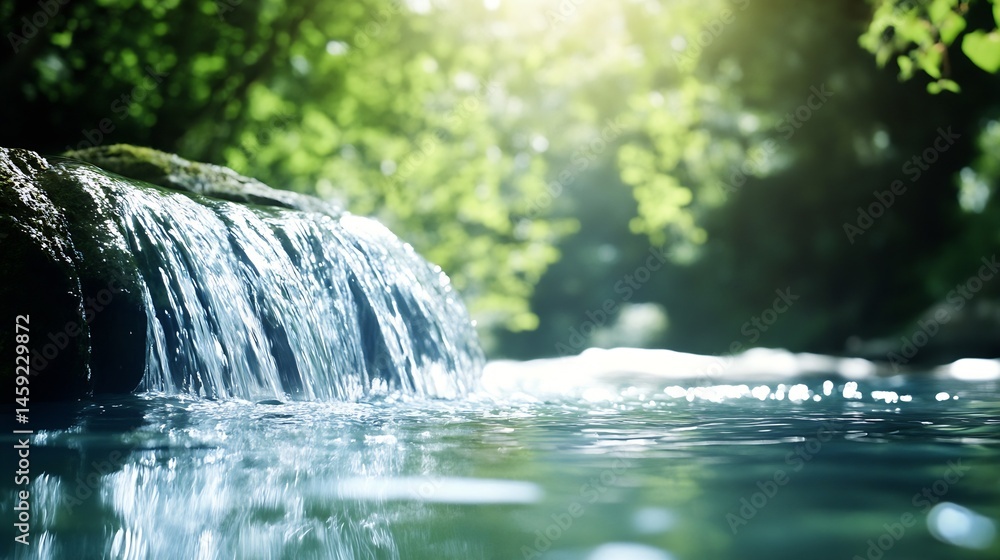Poster Serene waterfall cascading over mossy rocks into a tranquil pool, surrounded by lush green forest foliage in soft sunlight. : Generative AI