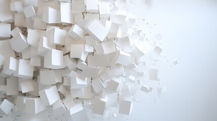 Abstract 3D rendering of a white cube explosion, showcasing numerous geometric shapes scattered against a light background, creating a dynamic and modern visual. : Generative AI