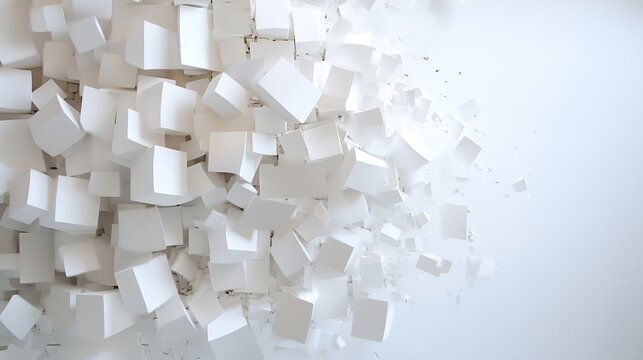 Abstract 3D rendering of a white cube explosion, showcasing numerous geometric shapes scattered against a light background, creating a dynamic and modern visual. : Generative AI