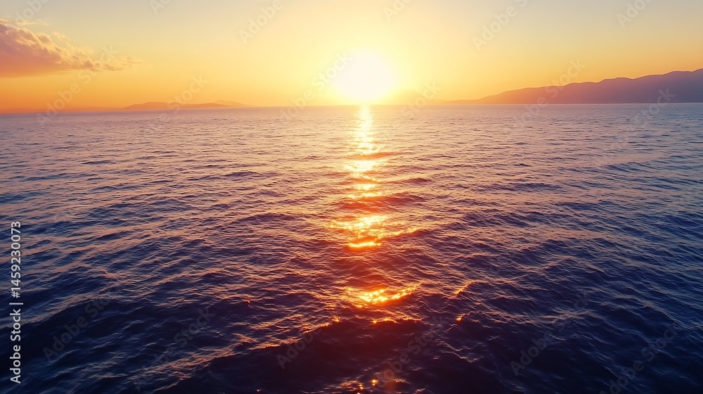 Poster sunset over calm ocean water, sun reflecting on the waves creating a golden path across the sea, dis