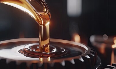 Golden liquid oil pours into a metallic gear.  Close-up of a viscous substance flowing