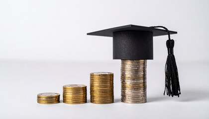 Graduation cap and stacks of coins on light background. Cost of education, value of knowledge.