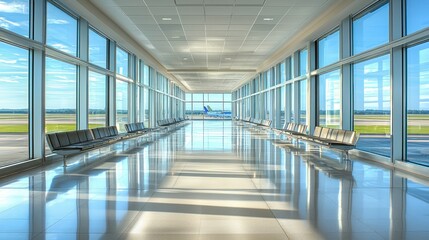 Fototapeta premium Airport terminal walkway, spacious and bright. Features large windows showcasing the airfield, modern seating, and sleek design