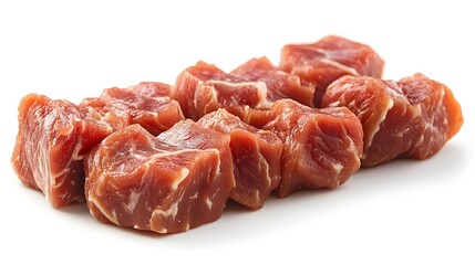 Close-up shot of fresh, raw beef cubes perfectly arranged on a pristine white background ready for cooking or stew.