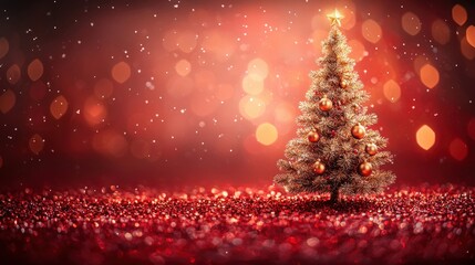 Festive Christmas tree on a red glitter background
