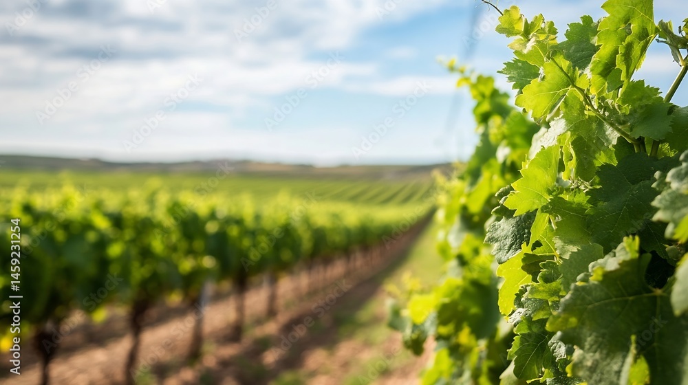 Poster Close-up view of vibrant green grape leaves on a vine, with a blurred background showcasing a vast vineyard under a partly cloudy sky. : Generative AI