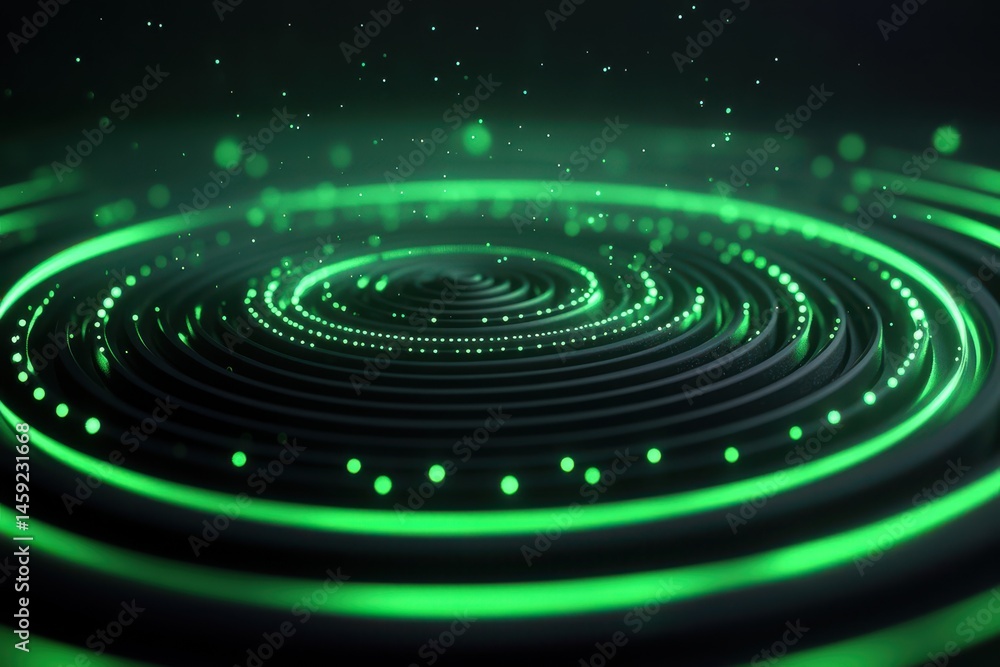 Poster dark spiral with glowing green lights and bokeh in a conceptual design. use to illustrate abstract t