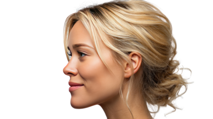 Blonde Woman Profile: A side profile of a young woman with shoulder-length blonde hair styled in a loose bun.  She has a radiant complexion and a subtle smile.