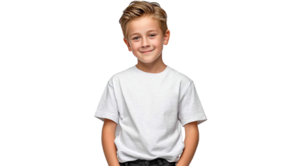 Smiling Young Boy: A portrait of a cheerful young boy with blonde hair and a radiant smile, standing confidently and exuding a sense of pure, untainted happiness.