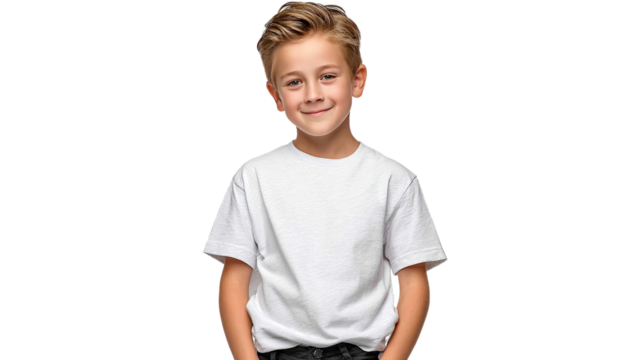Smiling Young Boy: A portrait of a cheerful young boy with blonde hair and a radiant smile, standing confidently and exuding a sense of pure, untainted happiness. - Powered by Adobe