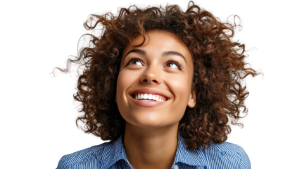 Radiant Hope and Optimism: A close-up shot of a beautiful woman with vibrant, curly hair, her eyes gazing upwards with a radiant smile, embodying hope and optimism. 