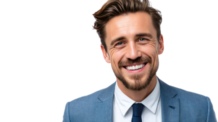 Smiling Businessman Portrait: A friendly, confident businessman with a genuine smile and stylish suit looks directly at the camera.  His expression conveys approachability and success.
