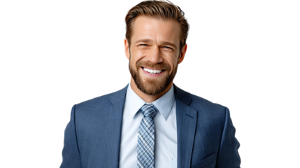 Smiling Businessman: A charismatic businessman, radiating confidence and approachability, stands as a symbol of success and professionalism. His warm smile, coupled with his sharp attire.