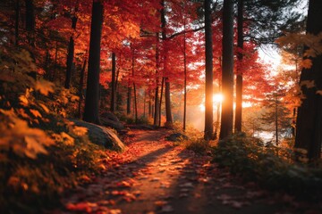 Fototapeta premium Sun-drenched forest pathway covered in bright red and orange maple leaves golden sunlight filtering through tree canopy, serene autumn trail, warm tones