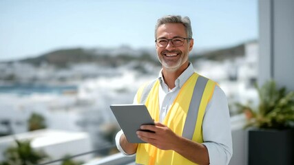 Site Manager Reviewing Tower Blueprints on Tablet in Morning Breeze