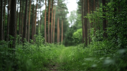 Obraz premium Serene forest path, dappled sunlight filtering through tall pine trees, lush green undergrowth, tranquil nature scene, peaceful woodland trail. : Generative AI