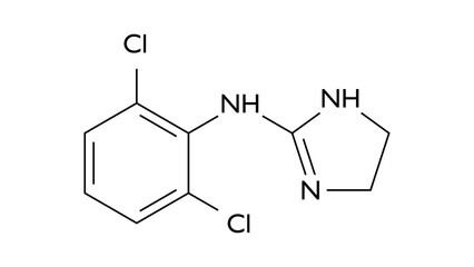 clonidine molecule, structural chemical formula, ball-and-stick model, isolated image antihypertensive agent