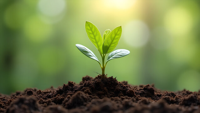 Delicate sprout emerging from fertile ground, bathed in gentle sunlight