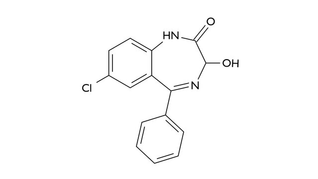 oxazepam molecule, structural chemical formula, ball-and-stick model, isolated image benzodiazepine derivative