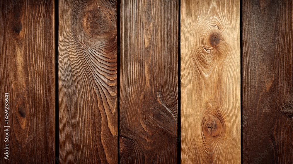 Poster close-up shot captures the intricate textures and natural beauty of wooden panels in deep brown hues