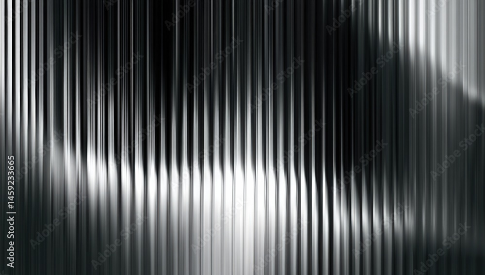 Poster abstract metallic vertical lines create a reflective, futuristic pattern in shades of black, white, 