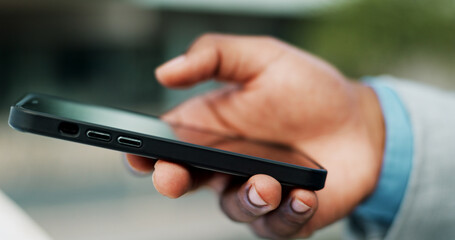 Hands, phone and business person in city online for morning commute, travel and journey to office. Professional, corporate and worker on smartphone for networking, typing email and contact in town