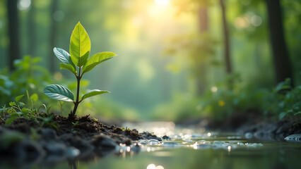Tender sprout emerges beside a gentle stream in the sunlit forest