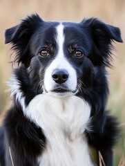 Portrait of a beautiful black and white border collie dog, looking directly at the camera with intense brown eyes, set against a softly blurred natural background. : Generative AI
